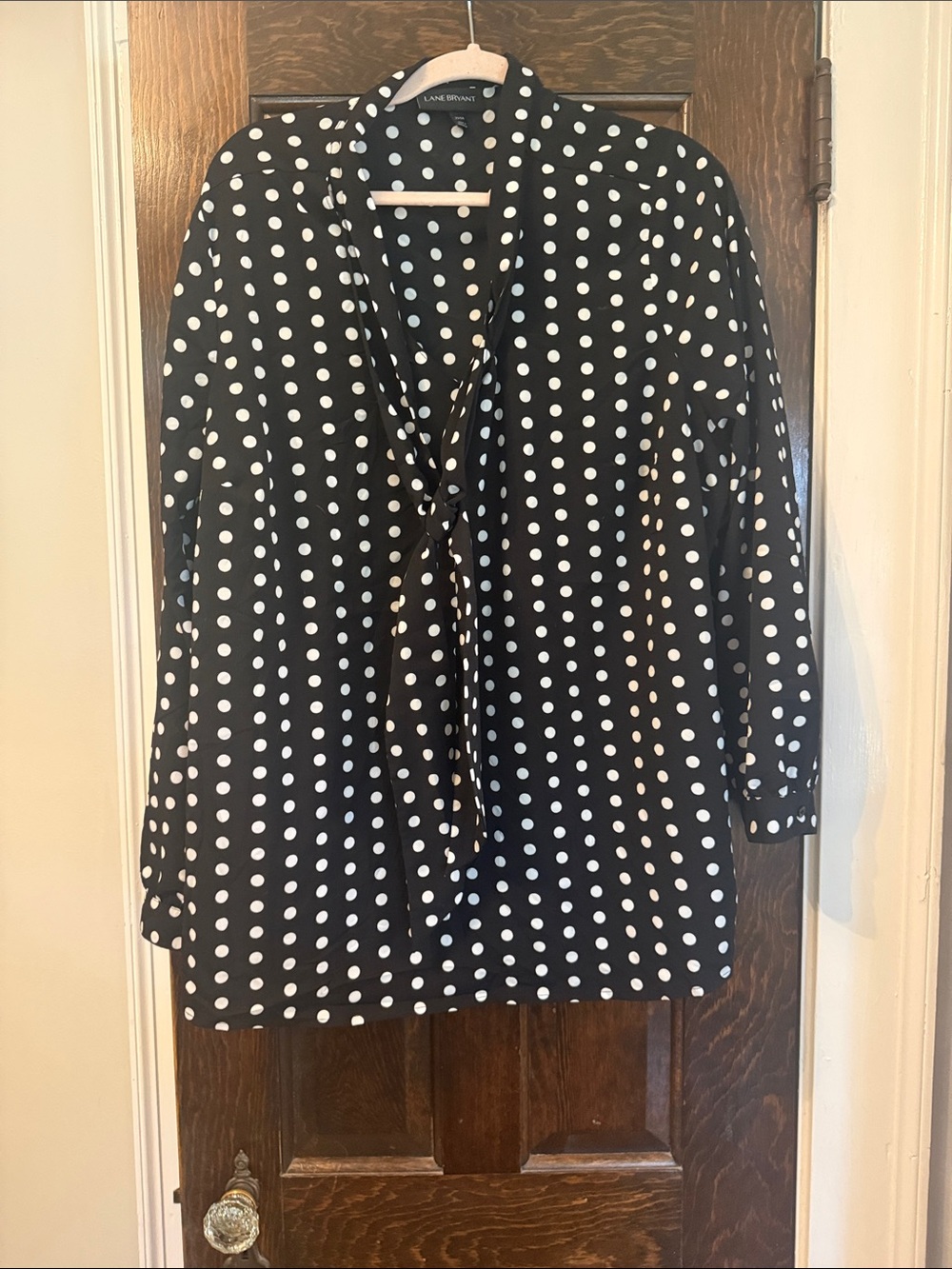 Lane Bryant Black and White Polka Dot Tie-Neck Blouse
